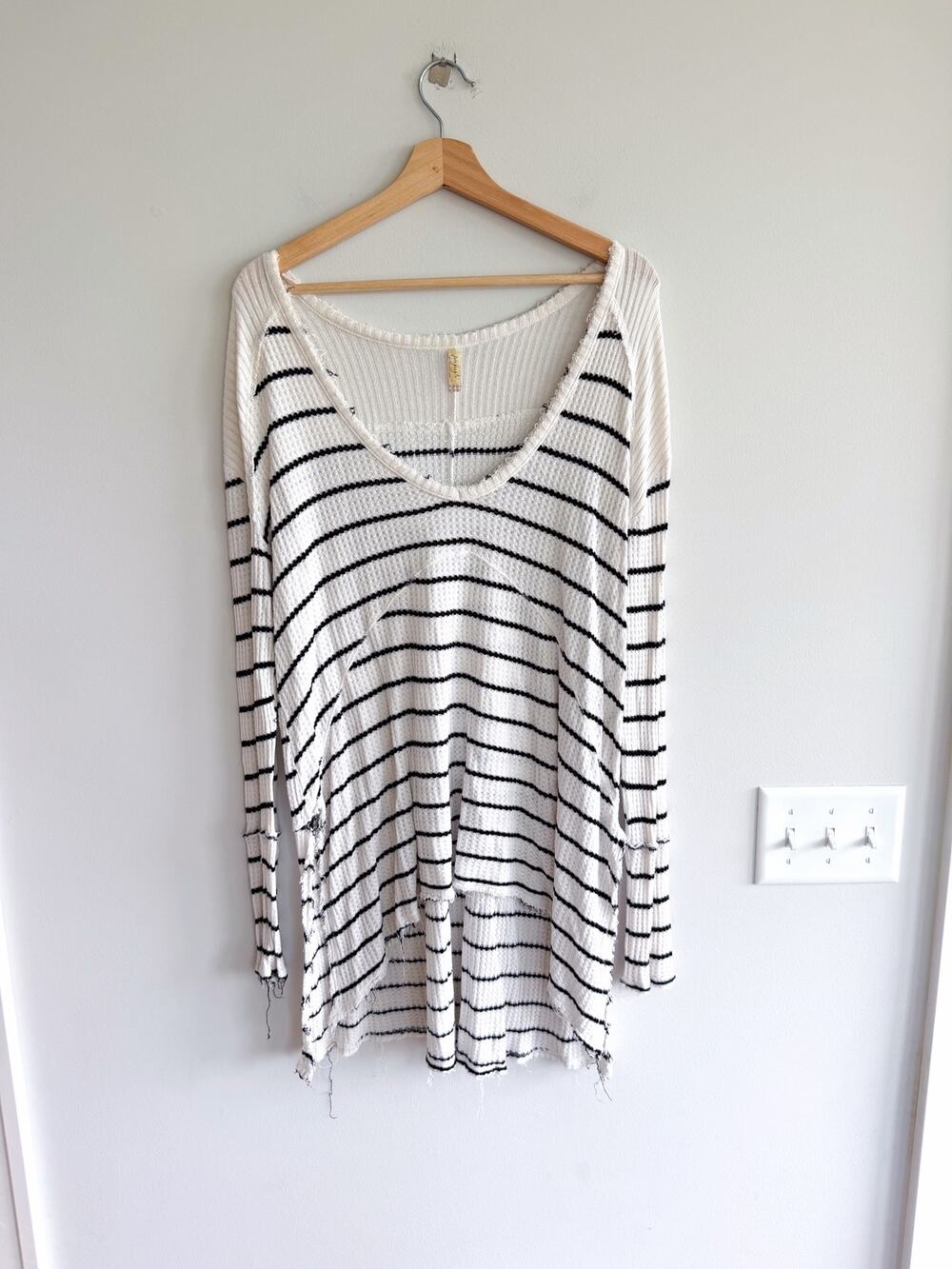 Free People Sunset Park Oversized Thermal Waffle Knit Top White Black M
